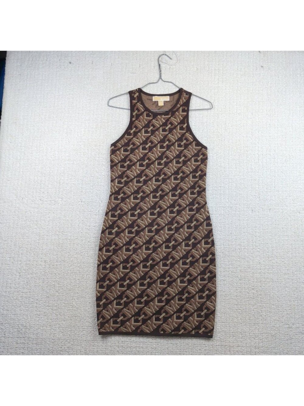 Michael Kors MK Monogram Jacquard Fitted Knit Stretch Dress Wom Size S Brown
